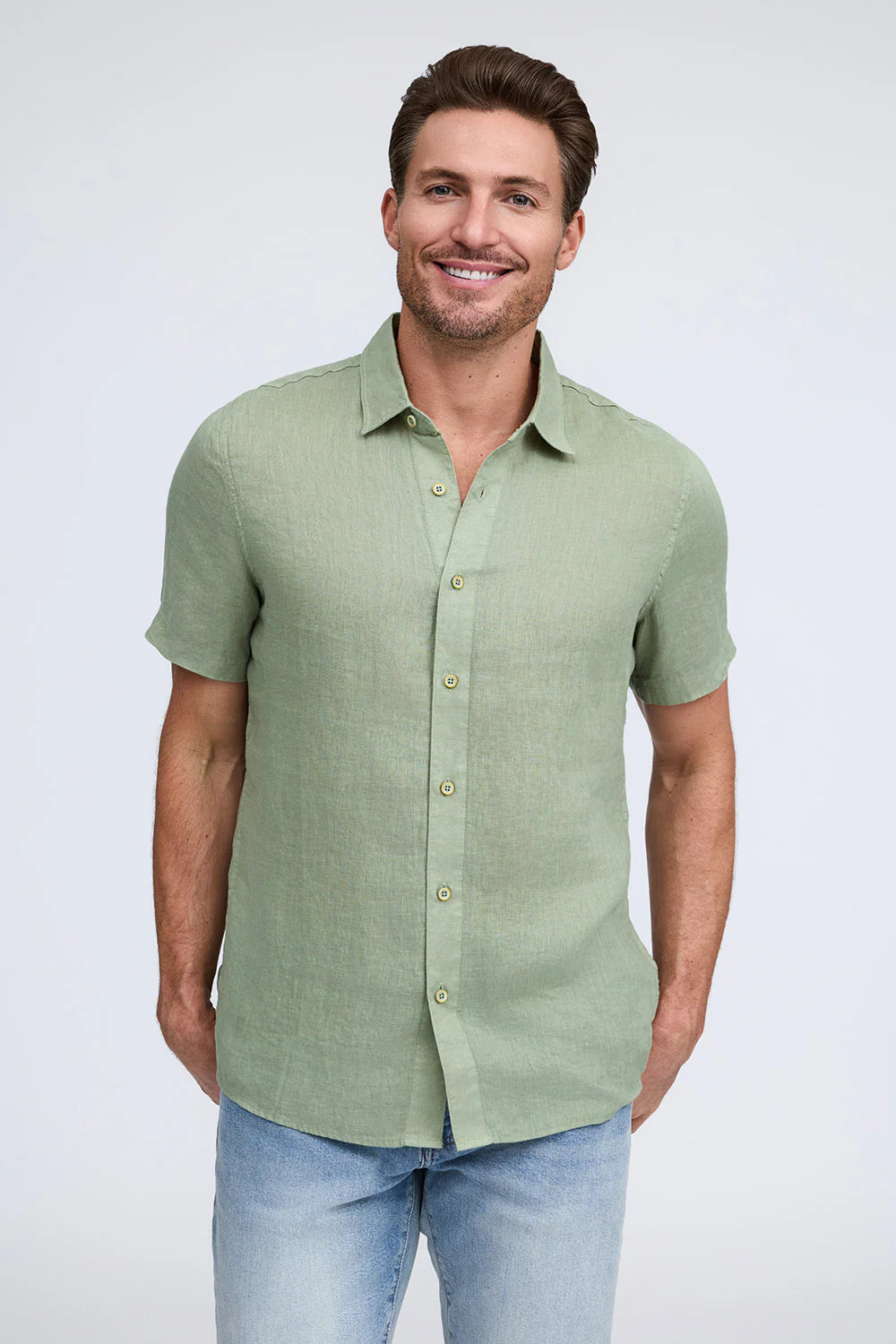 RAFFI Linen S/S Button down Polo In Olive