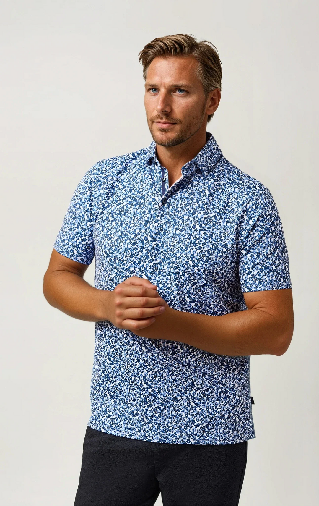 Stone Rose Blue Spring Bloom Stretch Polo