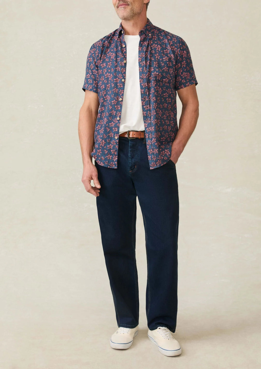Faherty Short-Sleeve Breeze Shirt - Berry Navy Floral