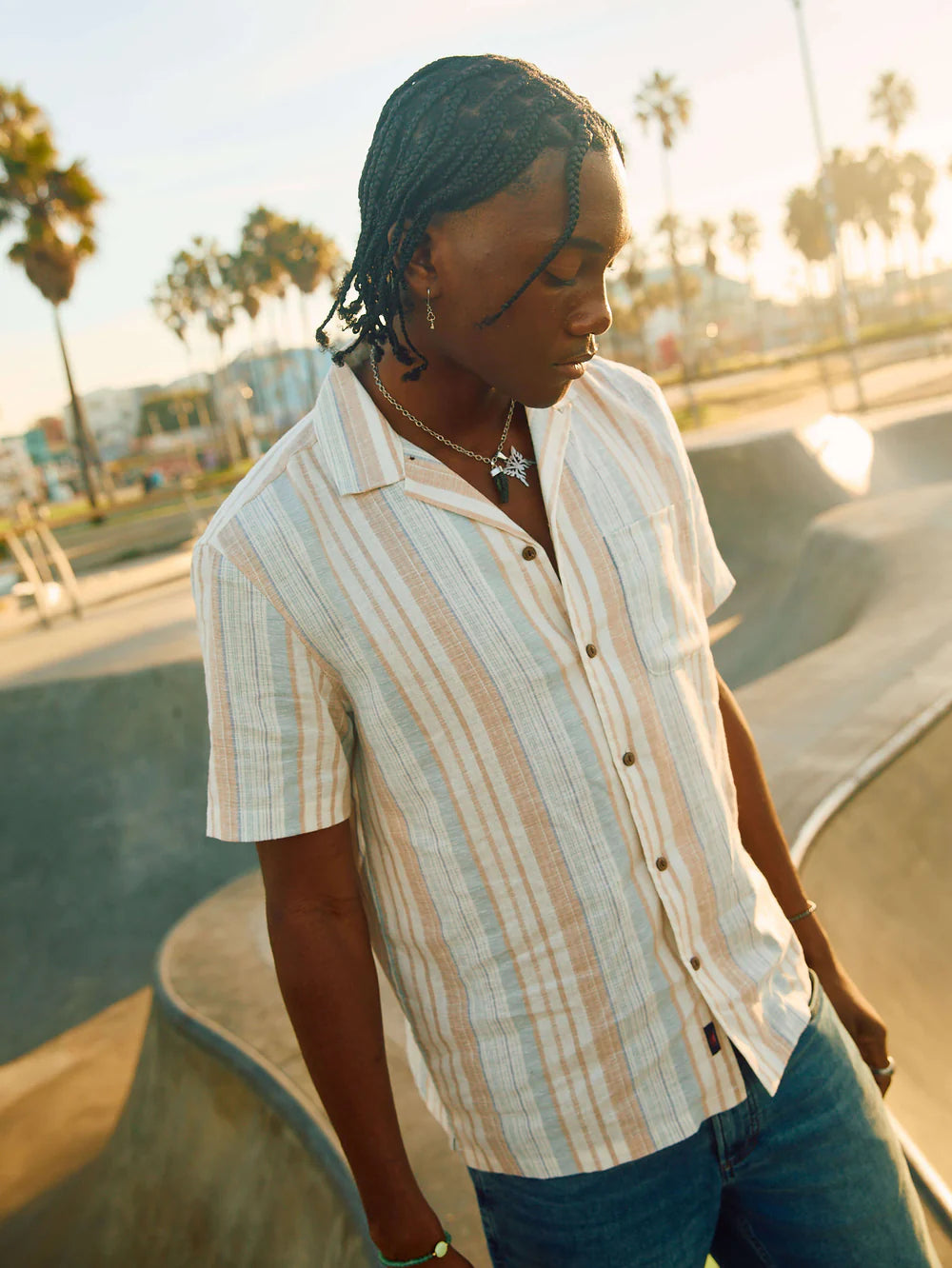 Faherty SS Breeze Camp Shirt in Golden Beach Stripe