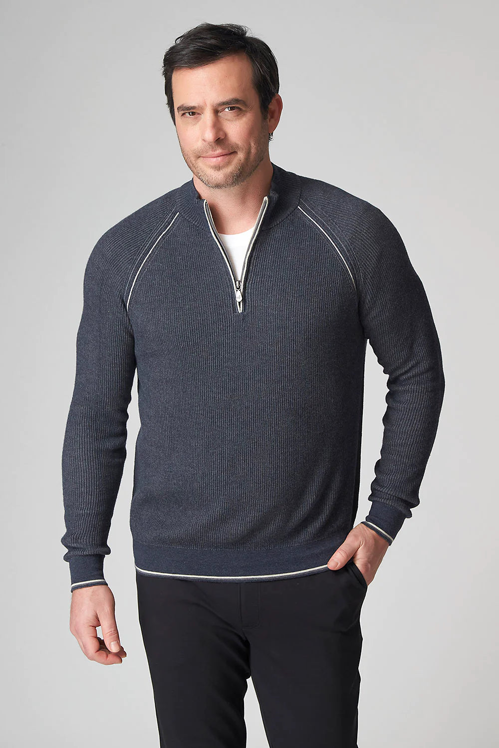 Raffi English Rib Zip Mock In Midnight