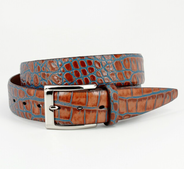 Torino Faux Crocodile Embossed Calkfskin Belt In Tan/Blue