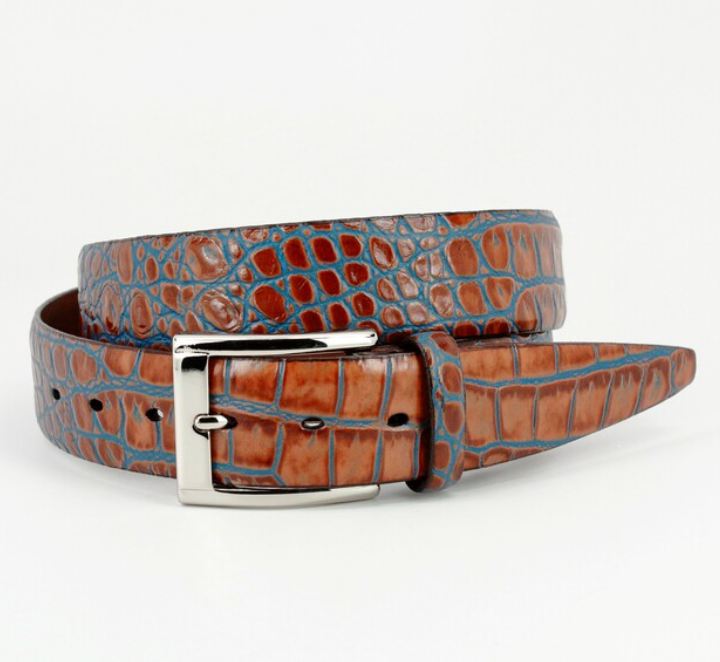 Torino Faux Crocodile Embossed Calkfskin Belt in Tan/Blue